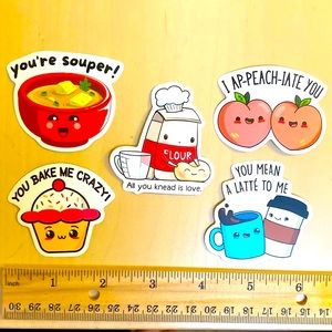 5 items for $10: 5 Pun Fun Stickers: Love Ya! 🍲 🧁 ☕️ WATERPROOF!